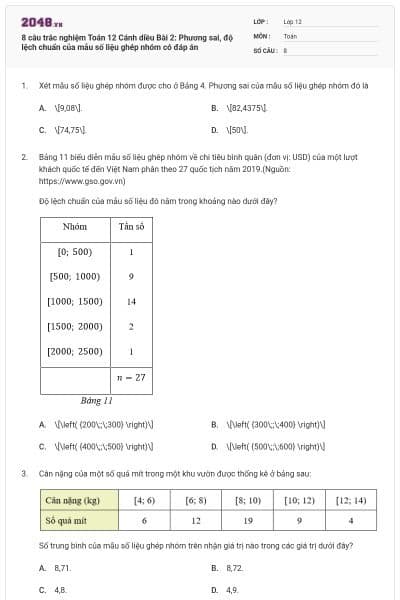 8 câu trắc nghiệm Toán 12 Cánh diều Bài 2: Phương sai, độ lệch chuẩn của mẫu số liệu ghép nhóm có đáp án
