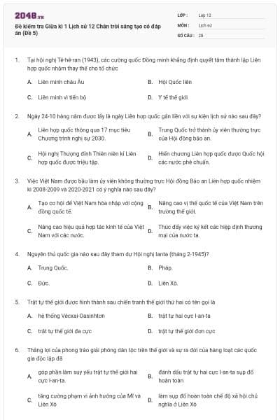 Đề kiểm tra Giữa kì 1 Lịch sử 12 Chân trời sáng tạo có đáp án (Đề 5)