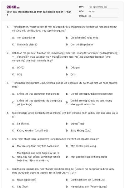 200+ câu Trắc nghiệm Lập trình căn bản có đáp án - Phần 4