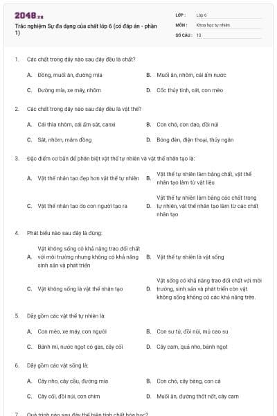 Trắc nghiệm Sự đa dạng của chất lớp 6 (có đáp án - phần 1)
