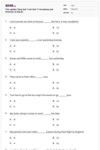 Trắc nghiệm Tiếng Anh 7 mới Unit 11 Vocabulary and Grammar có đáp án