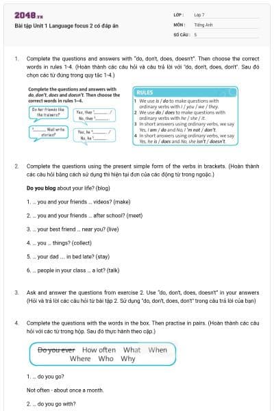 Bài tập Unit 1 Language focus 2 có đáp án
