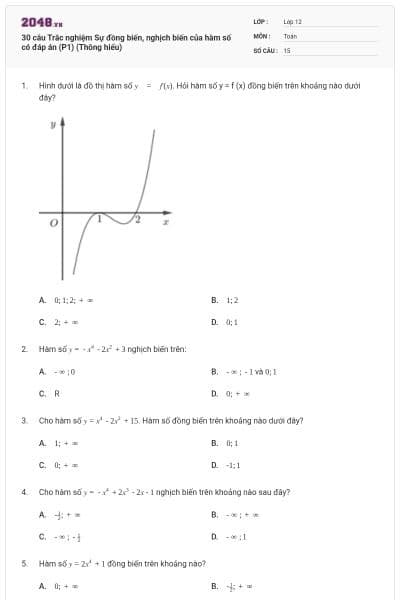 30 câu Trắc nghiệm Sự đồng biến, nghịch biến của hàm số có đáp án (P1) (Thông hiểu)