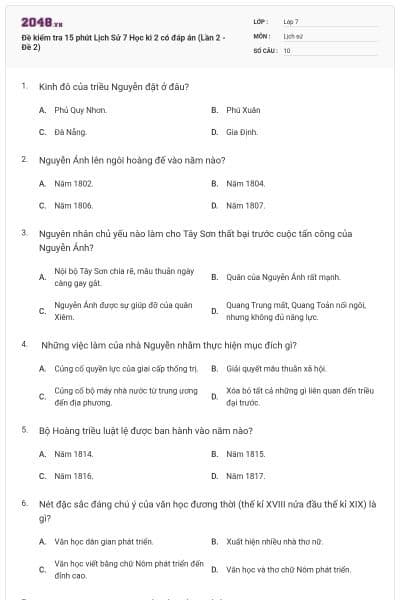 Đề kiểm tra 15 phút Lịch Sử 7 Học kì 2 có đáp án (Lần 2 - Đề 2)