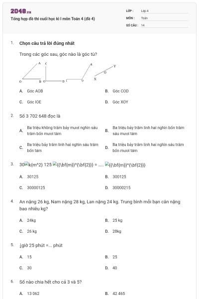 Tổng hợp đề thi cuối học kì I môn Toán 4 (đề 4)
