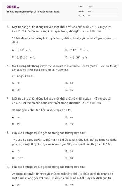 38 câu Trắc nghiệm Vật Lí 11 Khúc xạ ánh sáng