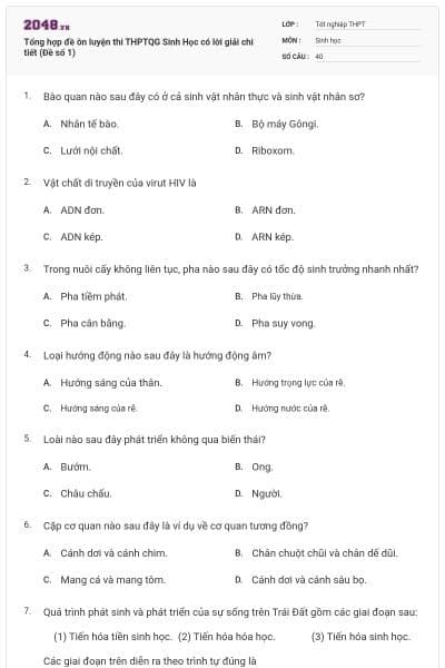 Tổng hợp đề ôn luyện thi THPTQG Sinh Học có lời giải chi tiết (Đề số 1)