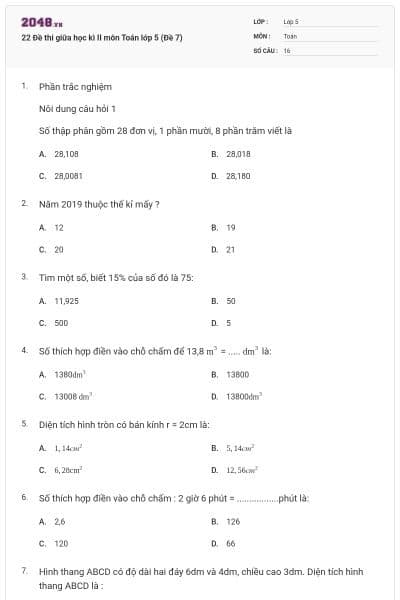 22 Đề thi giữa học kì II môn Toán lớp 5 (Đề 7)