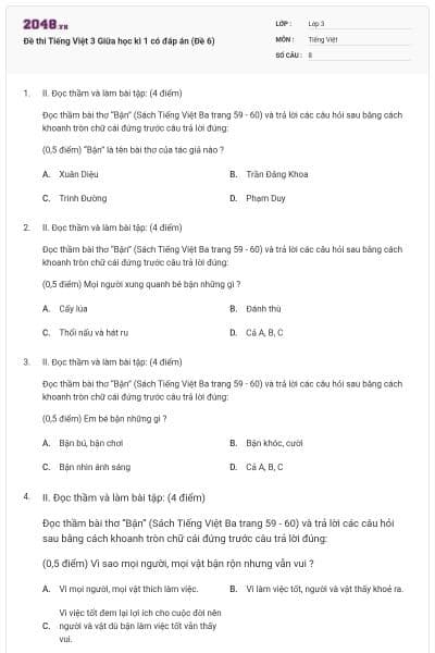 Đề thi Tiếng Việt 3 Giữa học kì 1 có đáp án (Đề 6)