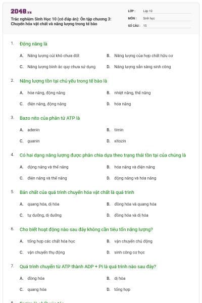 Trắc nghiệm Sinh Học 10 (có đáp án): Ôn tập chương 3: Chuyển hóa vật chất và năng lượng trong tế bào