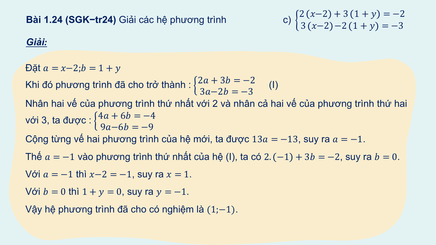 2 ?−2 + 3 1 + ? = −2
Bài 1.24 (SGK−tr24) Giải các hệ phương trình c)
 3 ?−2 −2 1 + ? = −3
Giải:

Đặt ? = ?−2;? = 1 + ?
 2? + 3? = −2
Khi đó phương trình đã cho trở thành : (I)
 3?−2? = −3
Nhân hai vế của phương trình thứ nhất với 2 và nhân cả hai vế của phương trình thứ hai
 4? + 6? = −4
với 3, ta được :
 9?−6? = −9
Cộng từng vế hai phương trình của hệ mới, ta được 13? = −13, suy ra ? = −1.
Thế ? = −1 vào phương trình thứ nhất của hệ (I), ta có 2. −1 + 3? = −2, suy ra ? = 0.
Với ? = −1 thì ?−2 = −1, suy ra ? = 1.
Với ? = 0 thì 1 + ? = 0, suy ra ? = −1.
Vậy hệ phương trình đã cho có nghiệm là (1;−1).