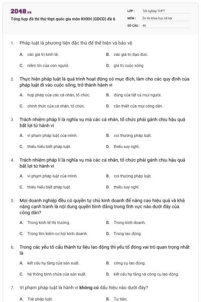Tổng hợp đề thi thử thpt quốc gia môn KHXH (GDCD) đề 6