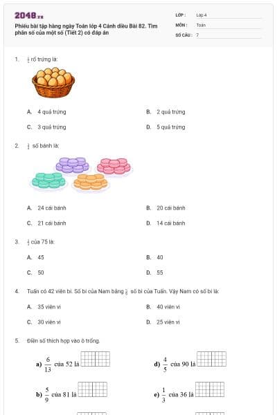 Phiếu bài tập hàng ngày Toán lớp 4 Cánh diều Bài 82. Tìm phân số của một số (Tiết 2) có đáp án