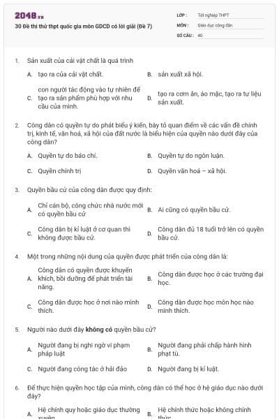 30 Đề thi thử thpt quốc gia môn GDCD có lời giải (Đề 7)