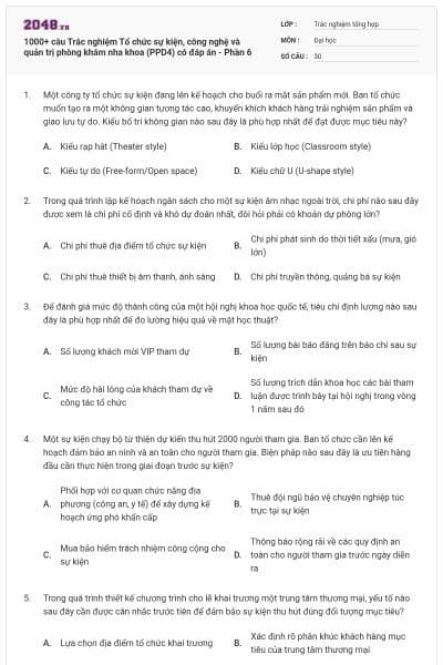 1000+ câu Trắc nghiệm Tổ chức sự kiện, công nghệ và quản trị phòng khám nha khoa (PPD4) có đáp án - Phần 6