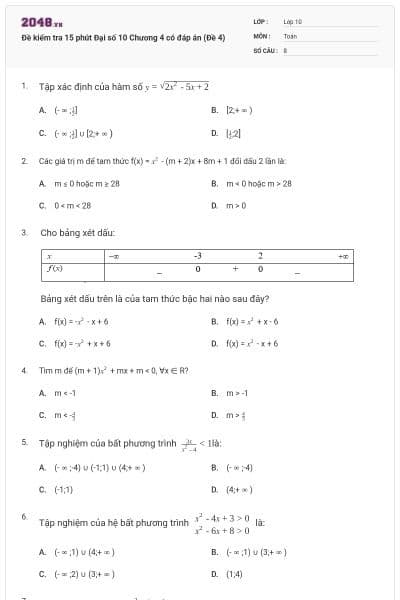 Đề kiểm tra 15 phút Đại số 10 Chương 4 có đáp án (Đề 4)