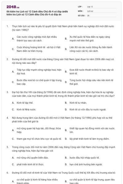 Đề kiểm tra Lịch sử 12 Cánh diều Chủ đề 4 có đáp ánĐề kiểm tra Lịch sử 12 Cánh diều Chủ đề 4 có đáp án