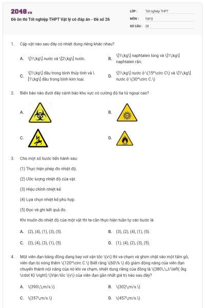 Đề ôn thi Tốt nghiệp THPT Vật lý có đáp án - Đề số 26