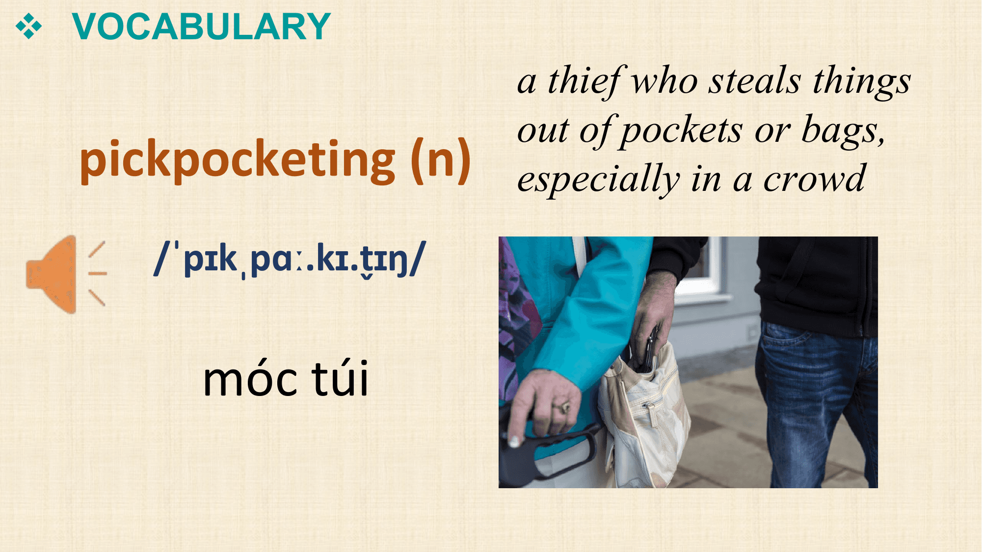 v VOCABULARY
 a thief who steals things
 out of pockets or bags,
 pickpocketing (n) especially in a crowd
 /ˈpɪkˌpɑː.kɪ.tɪ̬ ŋ/

 móc túi