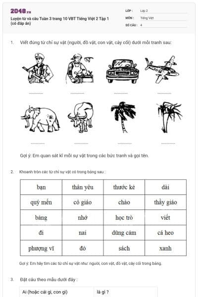 Luyện từ và câu Tuần 3 trang 10 VBT Tiếng Việt 2 Tập 1 (có đáp án)