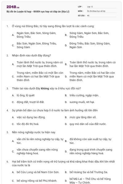 Bộ đề ôn Luyện tổ hợp - KHXH cực hay có đáp án (Địa Lí)