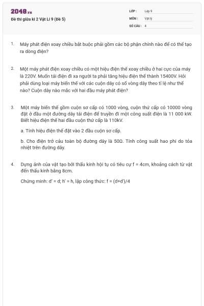 Đề thi giữa kì 2 Vật Lí 9 (Đề 5)