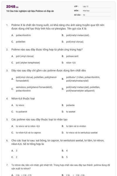 16 Câu trắc nghiệm vật liệu Polime có đáp án