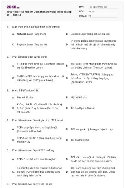 1000+ câu Trắc nghiệm Quản trị mạng và hệ thống có đáp án - Phần 12