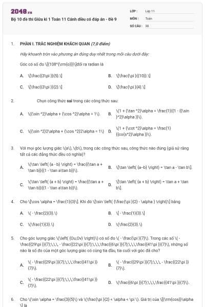 Bộ 10 đề thi Giữa kì 1 Toán 11 Cánh diều có đáp án - Đề 9