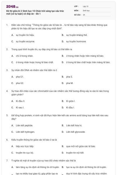 Đề thi giữa kì 2 Sinh học 10 Chân trời sáng tạo cấu trúc mới (có tự luận) có đáp án - Đề 1