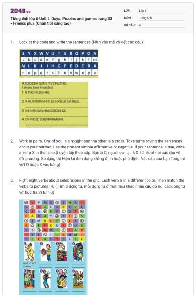 Tiếng Anh lớp 6 Unit 2: Days: Puzzles and games trang 33 - Friends plus (Chân trời sáng tạo)