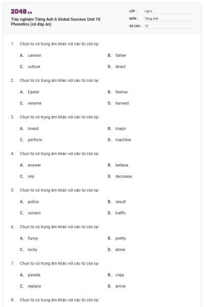 Trắc nghiệm Tiếng Anh 6 Global Success Unit 10 Phonetics (có đáp án)