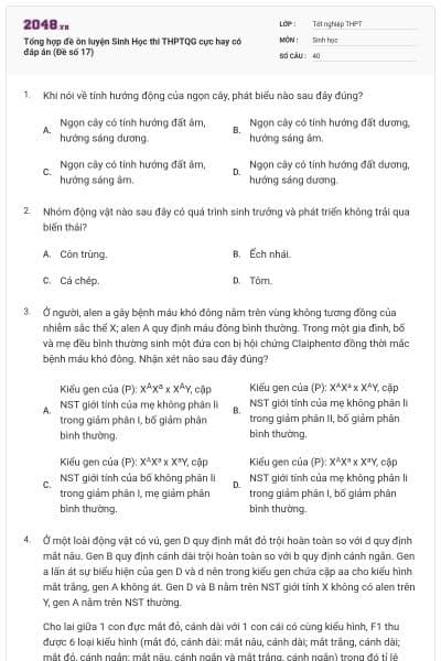 Tổng hợp đề ôn luyện Sinh Học thi THPTQG cực hay có đáp án (Đề số 17)