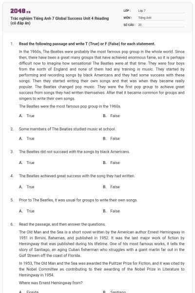 Trắc nghiệm Tiếng Anh 7 Global Success Unit 4 Reading (có đáp án)