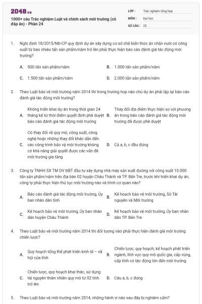 1000+ câu Trắc nghiệm Luật và chính sách môi trường (có đáp án) - Phần 24