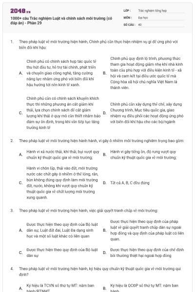 1000+ câu Trắc nghiệm Luật và chính sách môi trường (có đáp án) - Phần 29