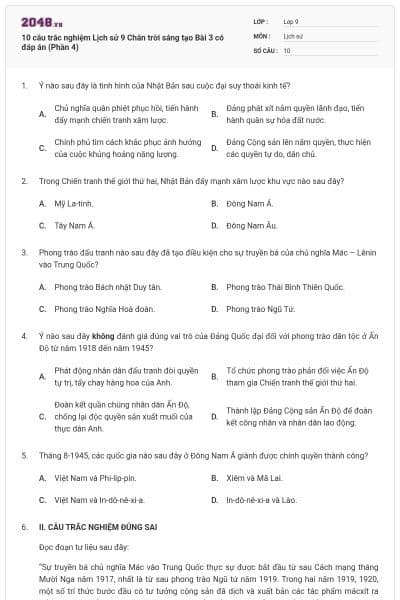 10 câu trắc nghiệm Lịch sử 9 Chân trời sáng tạo Bài 3 có đáp án (Phần 4)