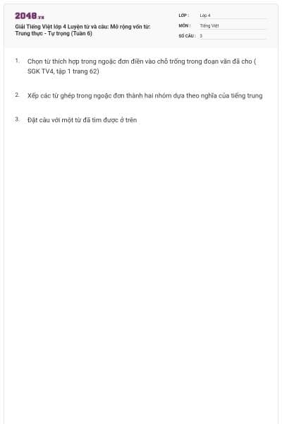 Giải Tiếng Việt lớp 4 Luyện từ và câu: Mở rộng vốn từ: Trung thực - Tự trọng (Tuần 6)