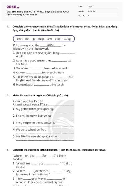 Giải SBT Tiếng anh 6 CTST Unit 2: Days Language Focus Practice trang 67 có đáp án