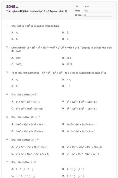 Trắc nghiệm Nhị thức Newton lớp 10 (có đáp án - phần 2)