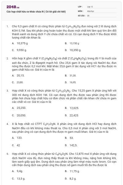 Các hợp chất hữu cơ khác chứa N ( Có lời giải chi tiết)