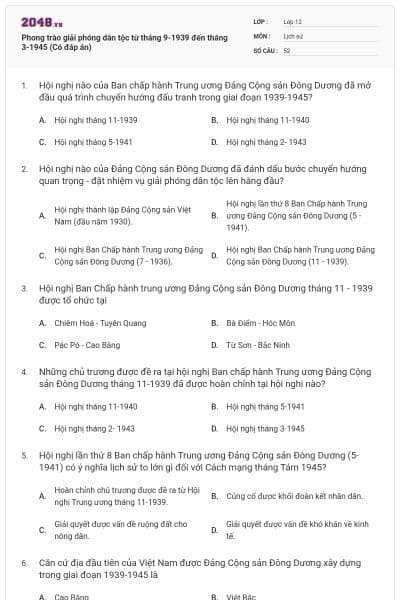Phong trào giải phóng dân tộc từ tháng 9-1939 đến tháng 3-1945 (Có đáp án)