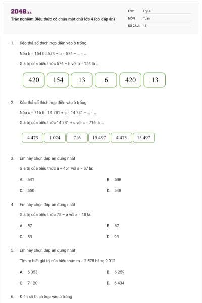 Trắc nghiệm Biểu thức có chứa một chữ lớp 4 (có đáp án)