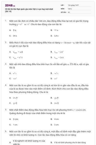 20 Đề thi thử thpt quốc gia môn Vật Lí cực hay mới nhất (đề 14)