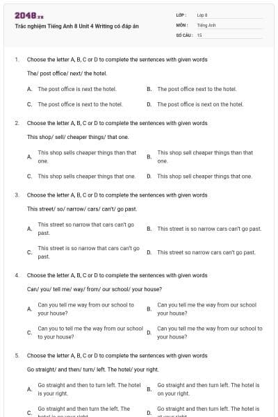 Trắc nghiệm Tiếng Anh 8 Unit 4 Writing có đáp án