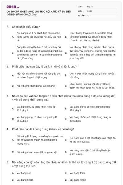 CƠ SỞ CỦA NHIỆT ĐỘNG LỰC HỌC NỘI NĂNG VÀ SỰ BIẾN ĐỔI NỘI NĂNG CÓ LỜI GIẢI