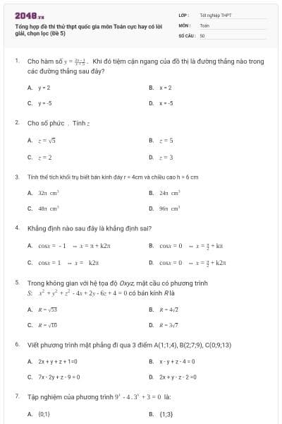 Tổng hợp đề thi thử thpt quốc gia môn Toán cực hay có lời giải, chọn lọc (Đề 5)