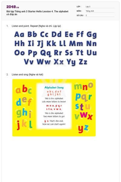 Bài tập Tiếng anh 3 Starter Hello Lession 4. The alphabet có đáp án