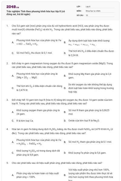 Trắc nghiệm Tính theo phương trình hóa học lớp 8 (có đúng sai, trả lời ngắn)