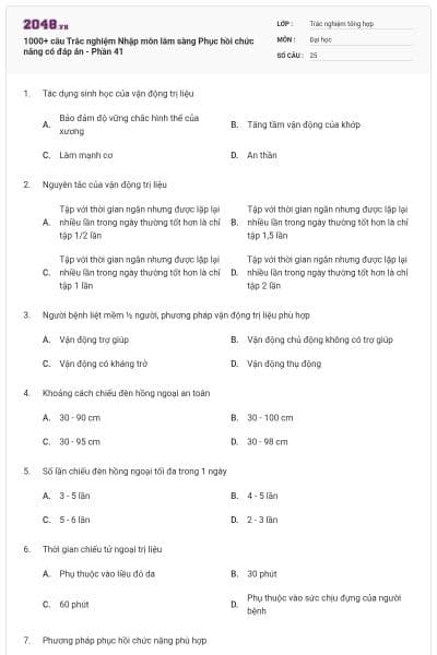 1000+ câu Trắc nghiệm Nhập môn lâm sàng Phục hồi chức năng có đáp án - Phần 41